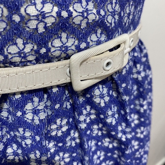 Review 8 Dress Blue White Lace Flowers Fit & Flare Sweetheart Neck Belt - Picture 3 of 7